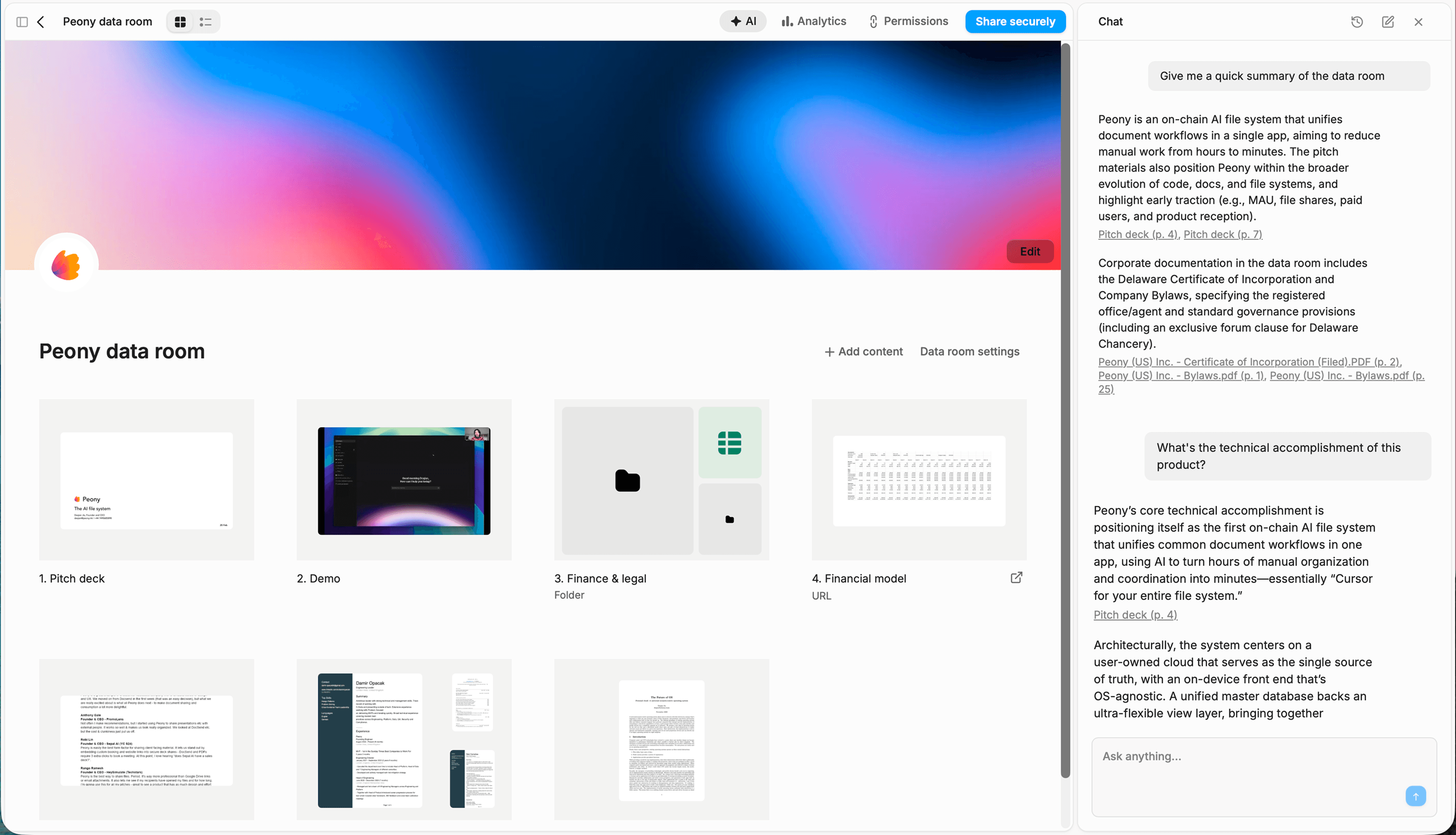 Peony data room with AI chat panel showing natural language queries across documents with cited page-number answers