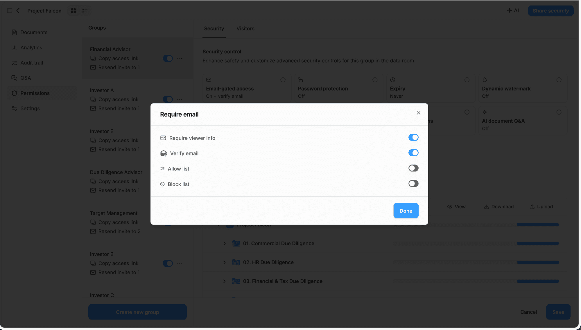 Peony Require email dialog for an investor group, with Require viewer info and Verify email turned on and Allow list and Block list toggles below