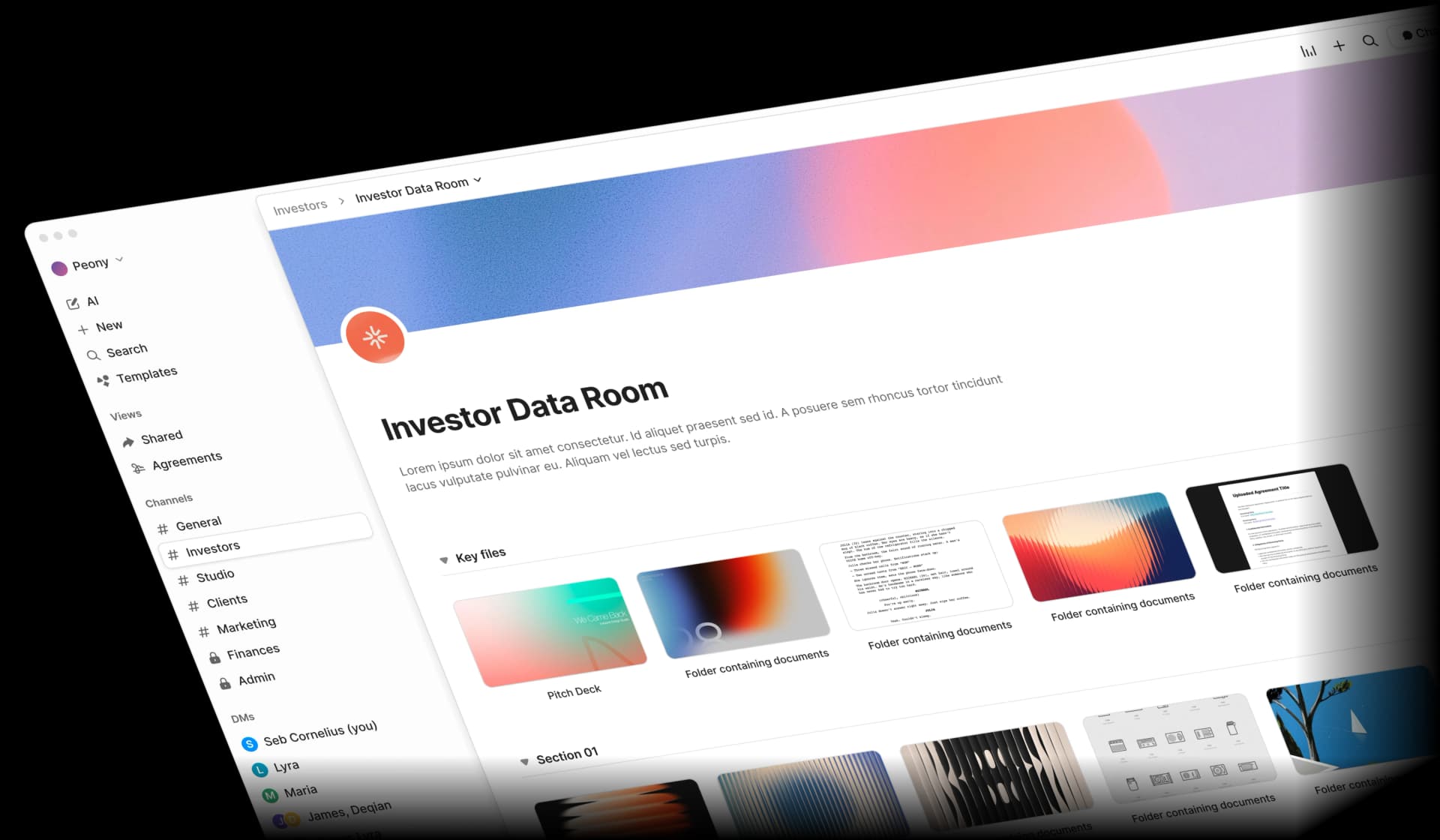Peony investor data room with due diligence folders organized for VC and PE portfolio review