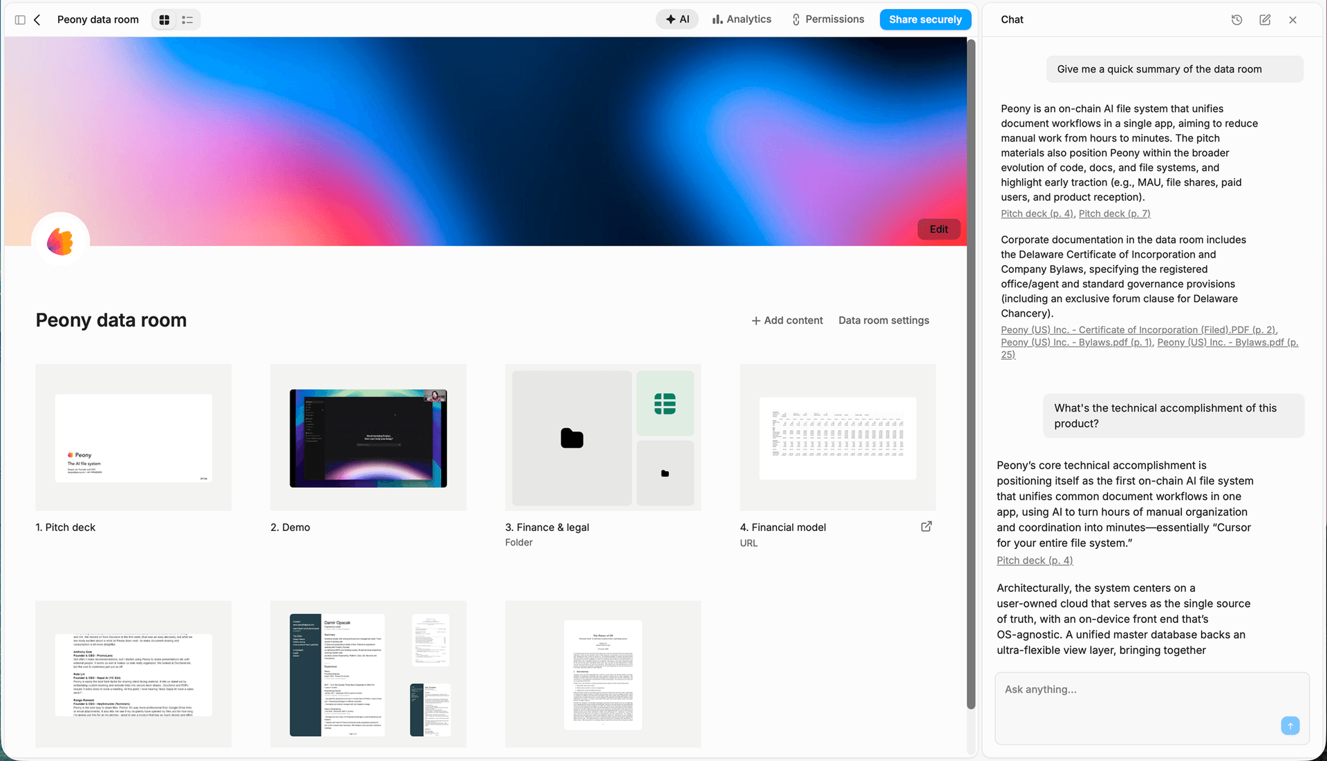 Peony data room with AI chat summarizing uploaded documents and organized folder structure for deal setup
