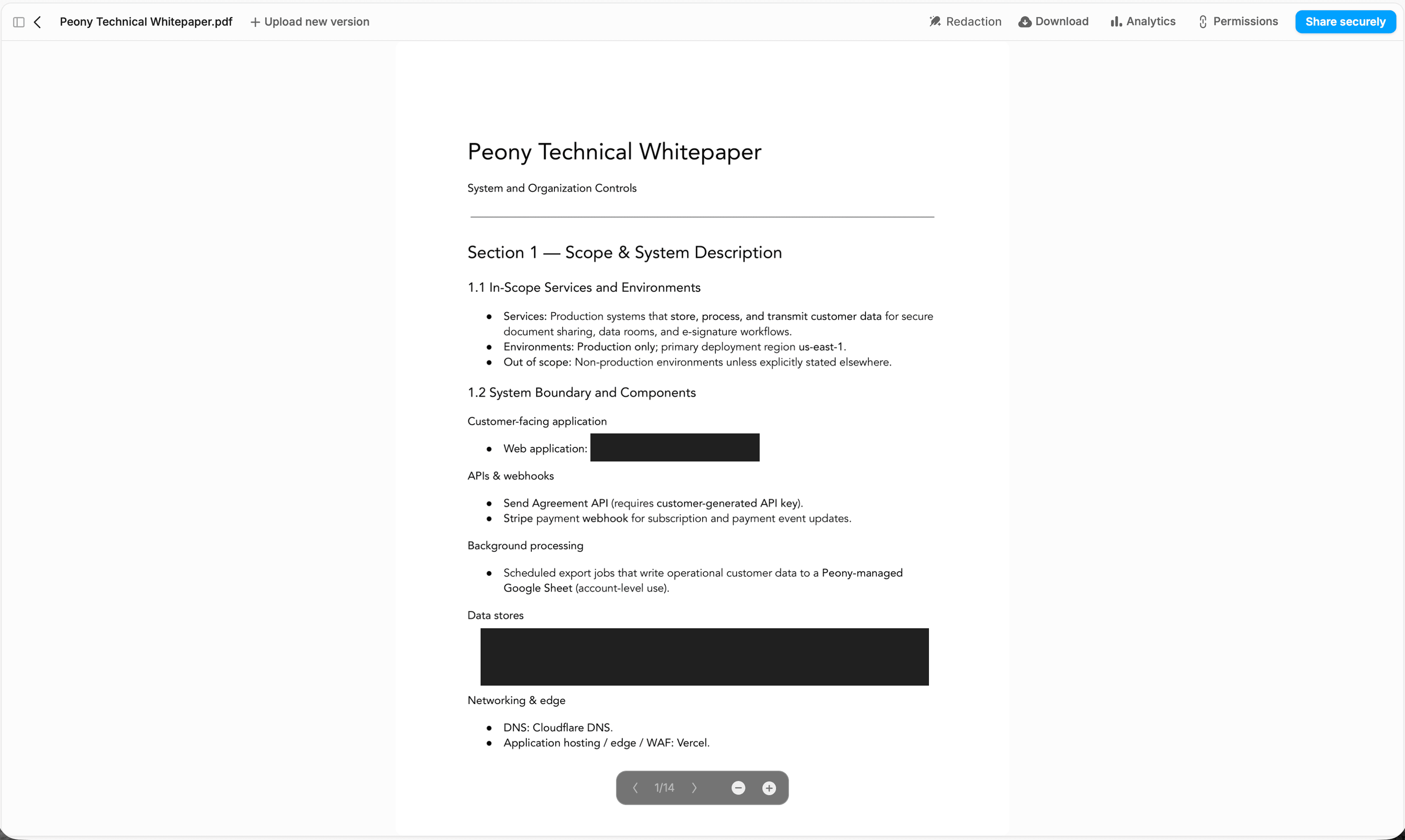 Peony data room toolbar showing AI redaction controls for detecting and removing PII, customer names, and financial figures from shared documents