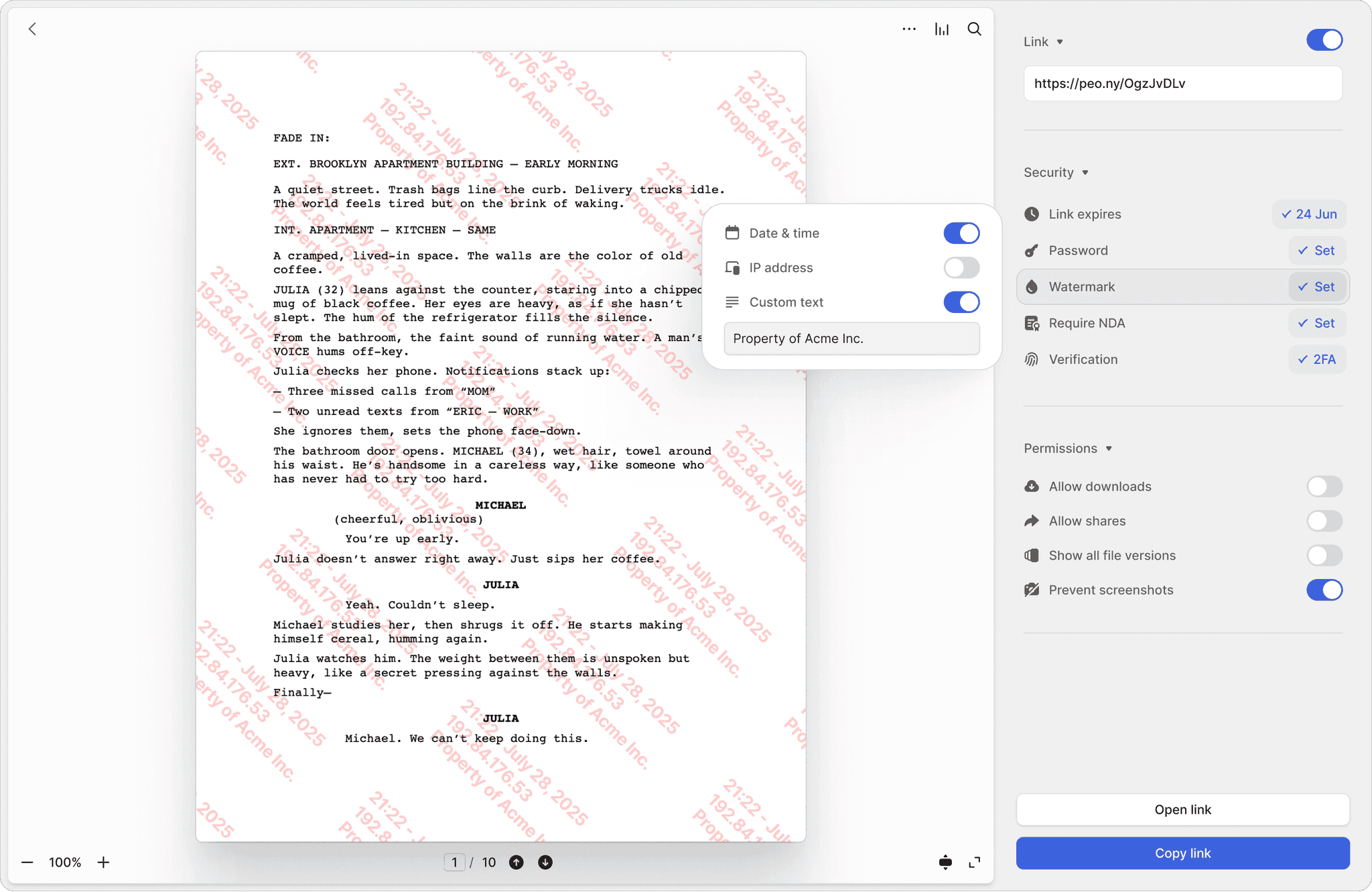 Peony Dynamic Watermarks and Screenshot Protection